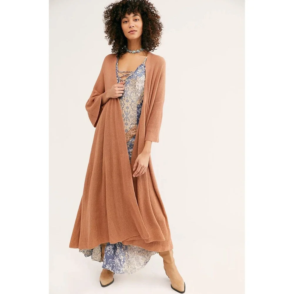 Free People Making Waves Cardigan XS Oversized Boho Duster Linen Blend‎